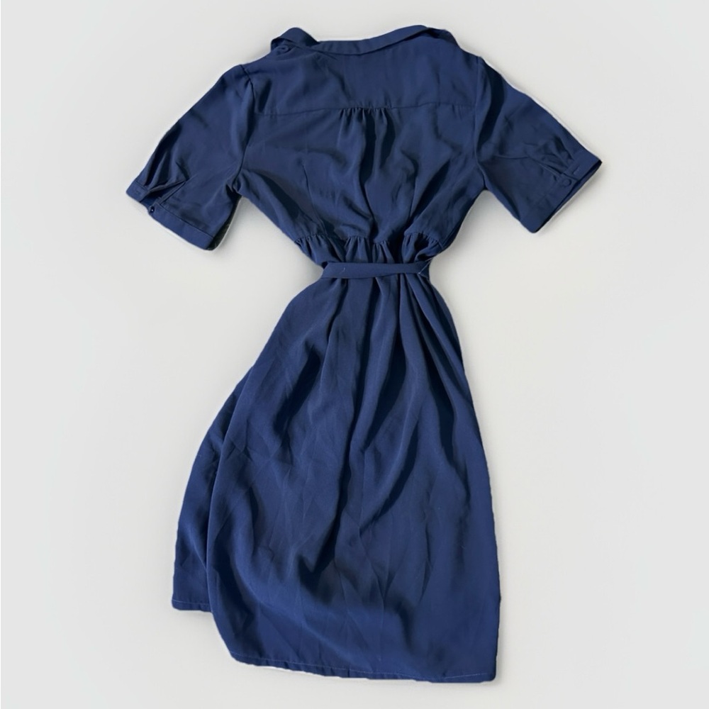 Böhme‎ Navy Wrap Dress Size Large Pockets  Midi Belted Classic Chic Style - Picture 3 of 12